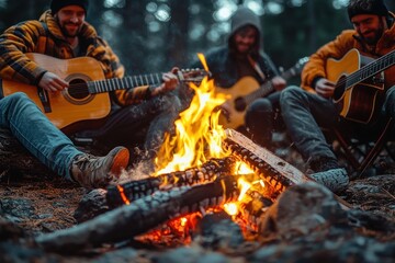Campfire Night with Friends Playing Guitar and Laughing in a Forest During Autumn