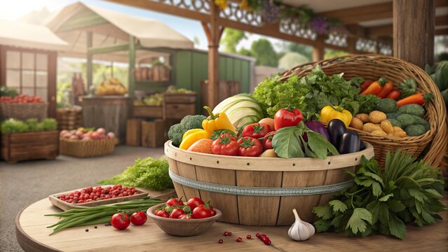 Fresh bigus ingredients arranged beautifully in a market with vibrant colors and natural light