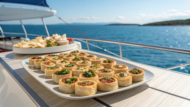 Mini b rek bites served on a platter by a serene waterfront with blue skies and calm waters surrounding the dining area