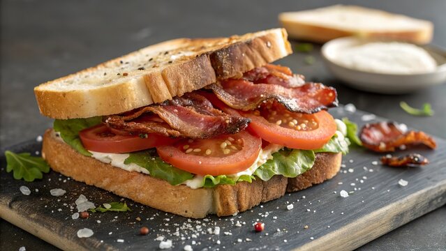 Delicious open faced BLT sandwich served on toasted bread with fresh ingredients and creamy sauce