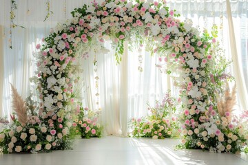 High Resolution Visual of Arch for the Wedding Ceremony, Decorated with White and Pink Flowers