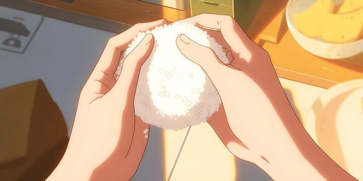 Close-up of hands gently making an Onigiri rice ball in anime style