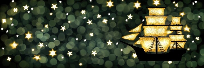 Golden ship sailing through starry night