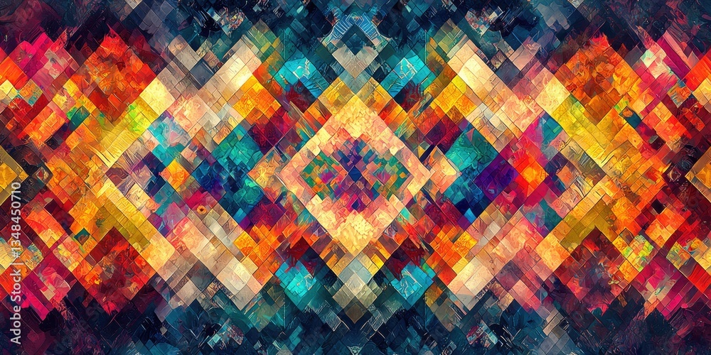 Fototapete A visually captivating abstract design with colorful geometric patterns that intertwine in a lively and intricate tapestry, using a blend of striking colors and shapes to
