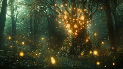 Enchanting forest scene with glowing tree