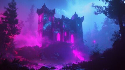 Mysterious, neon-lit, gothic castle in a fog-shrouded forest