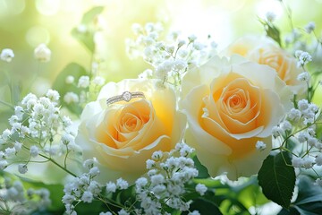 Diamond ring nestled in pale yellow roses and baby's breath.