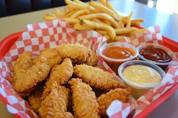 Chicken Nuggets (USA) A box of crispy chicken nuggets served with small dipping sauces