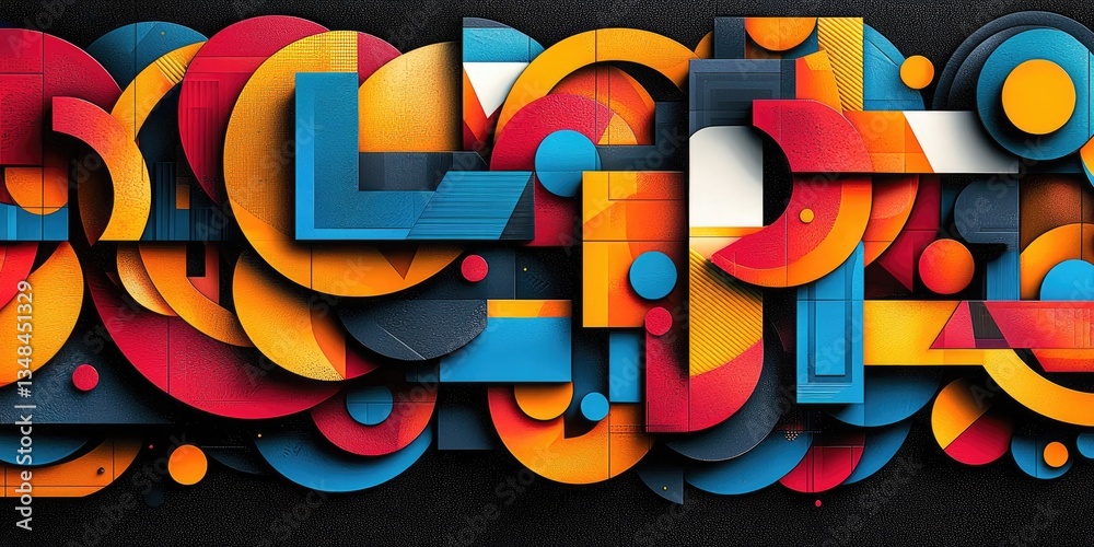 Poster A visually captivating abstract design with colorful geometric patterns that intertwine in a lively and intricate tapestry, using a blend of striking colors and shapes to