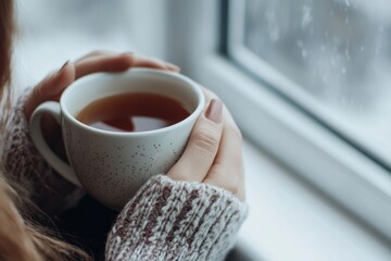 Sitting quietly on a windowsill, a person holds a warm cup of tea. They gaze softly outside, whispering gentle affirmations to begin the day