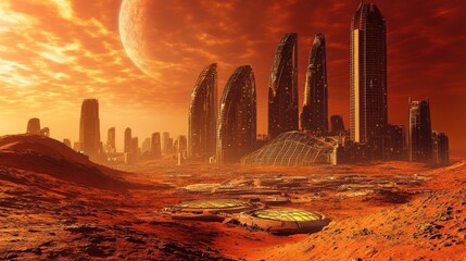 A futuristic city on a fiery alien planet.  Vast structures rise from a crimson landscape beneath a blood-orange sky