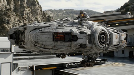 Futuristic air vehicle hovering over a modern hangar.  A person in a spacesuit is piloting it
