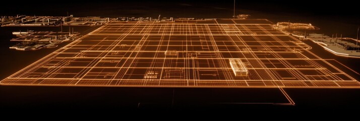 Futuristic city grid, glowing orange lines