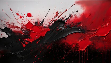 a black and red abstract painting with red splatters