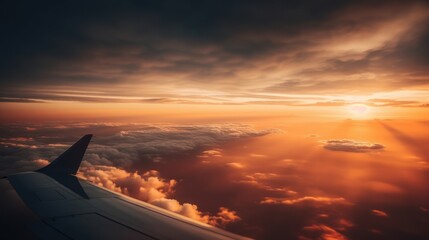 Fototapeta na wymiar Stunning Sunset View from Airplane Window with Wing in Vibrant Sky and Fluffy Clouds