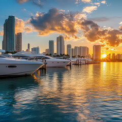Obraz premium Downtown Miami waterfront and marina, buidings and condos at sunset, Florida, United States. 