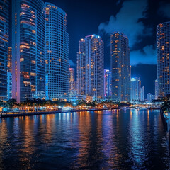 Downtown Miami waterfront, buidings and condos at night, Florida, United States