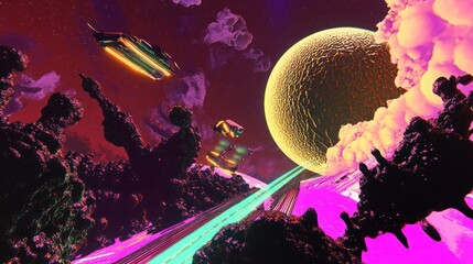 Cosmic neon landscape with futuristic vessels and alien structures