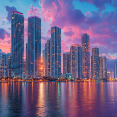 Obraz premium Downtown Miami waterfront, buidings and condos at sunset, Florida, United States. 