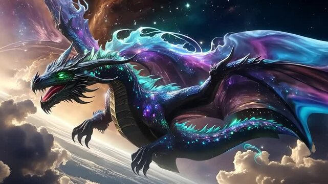 Dragons are flying in the night galaxy sky