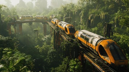 Futuristic train traversing a lush, overgrown jungle on a metal bridge