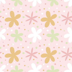 Seamless pastel floral pattern with abstract flowers and dots. Soft botanical vector background for spring design, fabric, packaging, and branding.