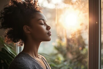 Standing at an open window, a person breathes deeply with eyes closed. Gentle morning affirmations flow softly through the air