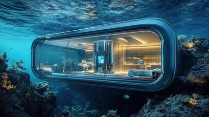 Submerged ocean dwelling. Luxurious underwater home