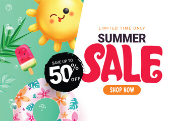 Summer sale template clipart poster design. Summer sale limited time offer in green and white background with cute sun, inflatable floaters