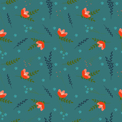 Red flowers and dark leaves pattern on dark green background