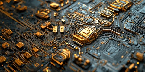 Macro image of complex, interconnected tech patterns with deep textures and precise details, ideal for high-tech themes.