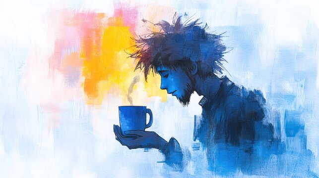 Man holding blue mug with sad face on pastel watercolor background for Blue Monday concept