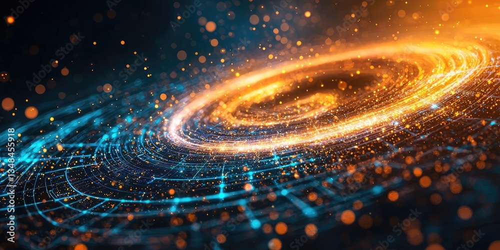 Poster A detailed view of a futuristic galaxy, its spirals composed of light particles and neon grids, demonstrating the fusion of the universe and technology.
