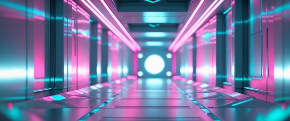 Futuristic spaceship corridor with neon lights