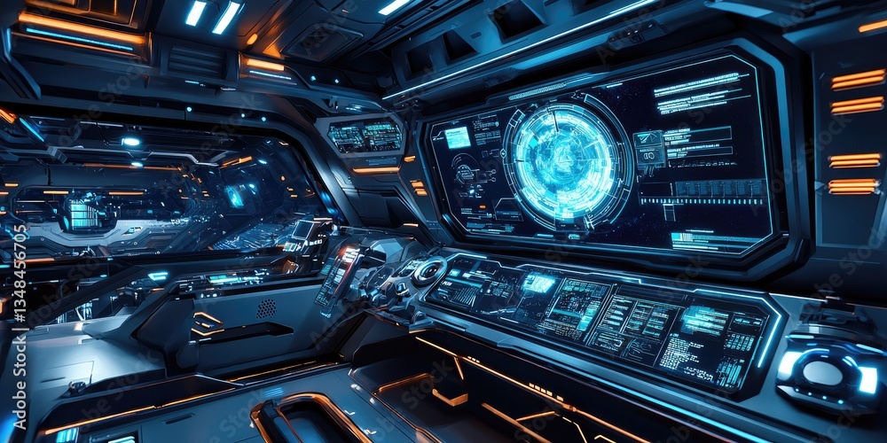 Poster A futuristic spacecraft dashboard featuring interactive holograms, live data streams, and celestial navigation tools.