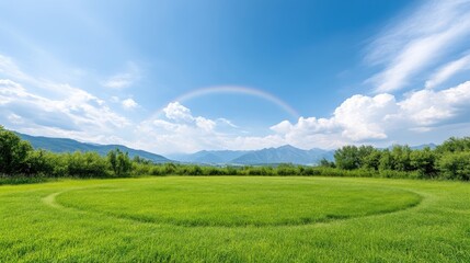 Obraz premium Vast field, rainbow, clear sky