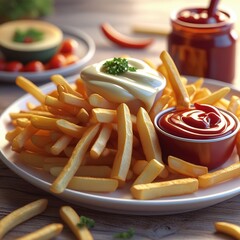 Delicious plate of chicken and fries with ketchup and a side of vegetables and pasta