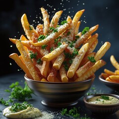 A delicious plate of fish and chips with French fries, fried potatoes, ketchup, and fresh vegetables, cooked in a pan for a tasty dinner