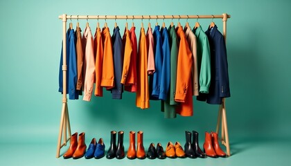 Colorful clothing display with vibrant jackets and stylish boots on a teal background