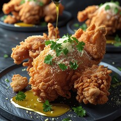 Delicious crispy fried chicken with spicy sauce, served with vegetables and salad on a plate, perfect for a tasty lunch or dinner