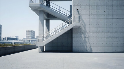 Modern Concrete Staircase Exterior On Rooftop With Geometric Design And Blue Sky Background