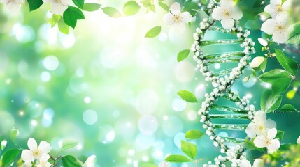 Floral Dna Helix with Blooming Flowers and Green Leaves on Bokeh Background
