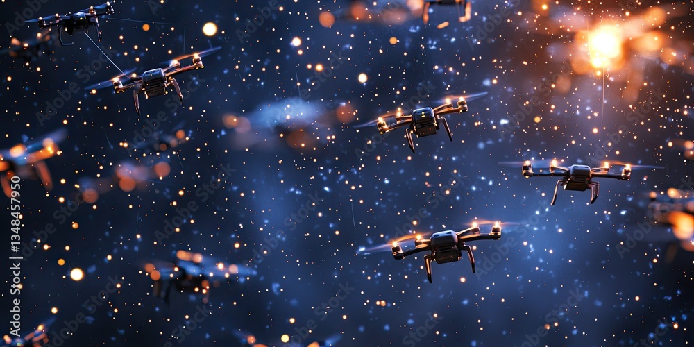 Aufkleber A collection of stars in a cluster, each surrounded by small drones emitting data, embodying futuristic space technology.