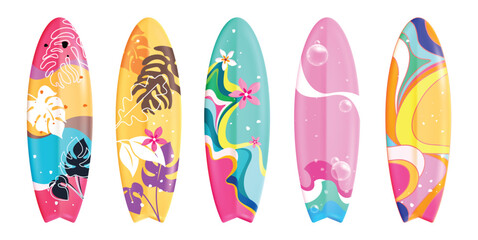 Summer surfboard elements clipart set. Surfing board elements with colorful abstract printed pattern clip art collection for tropical vacation holiday