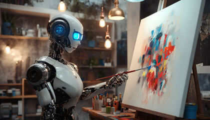 Fototapeta premium mage showcases a humanoid robot painting an abstract artwork on a canvas in a well-lit, modern art studio