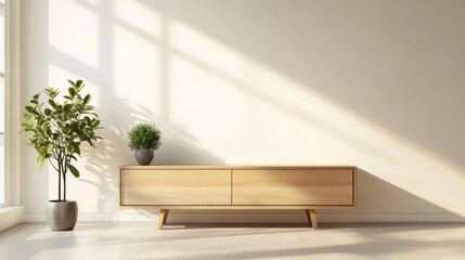 Fototapeta premium Modern Interior with Wooden Cabinet, Potted Plants, and Sunlight Streaks