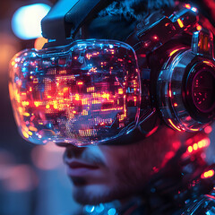 A person wears a futuristic VR headset with glowing circuits. Ideal for showcasing advancements in virtual reality technology gaming or metaverse experiences.