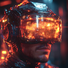 A cyberpunk character wears a futuristic helmet with a bright orange LED display. Ideal for sci-fi, gaming, or metaverse projects.
