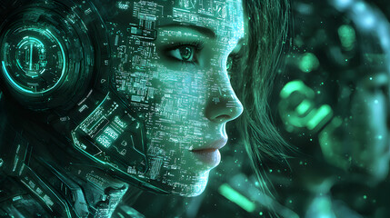 A woman's face merges with glowing circuitry in this cyberpunk-inspired portrait. Ideal for sci-fi book covers, music album art, or social media banners.