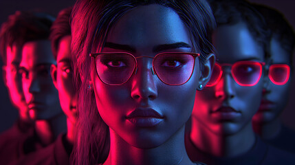 People wearing futuristic glasses with digital displays. Ideal for a cyberpunk or technology-themed project promoting innovation and virtual reality.
